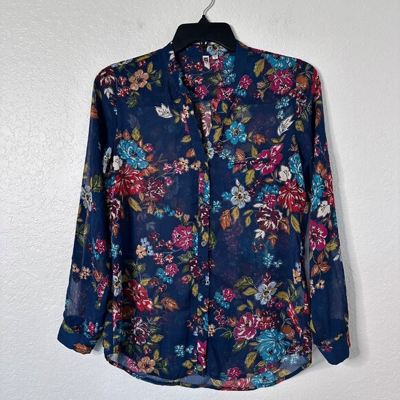 Kut From The Kloth Womens Floral Dark Teal Sheer Button-Up Blouse Size M - Picture 1 of 8
